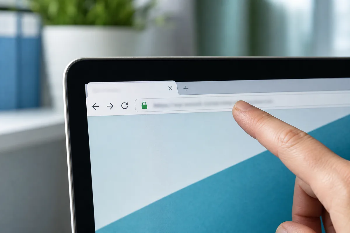 Personne examinant l’adresse d’un site de réservation sur un écran d’ordinateur portable dans un intérieur lumineux