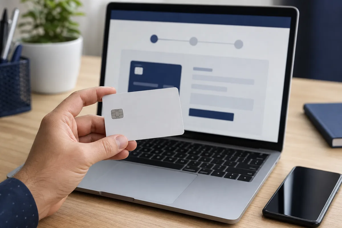 Main tenant une carte bancaire devant un écran de paiement en ligne sécurisé sur une table de bureau